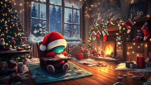 Cozy robot in Santa hat reading by glowing Christmas hearth.