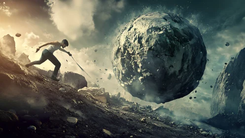 Warrior defies colossal floating boulder on stormy ridge.