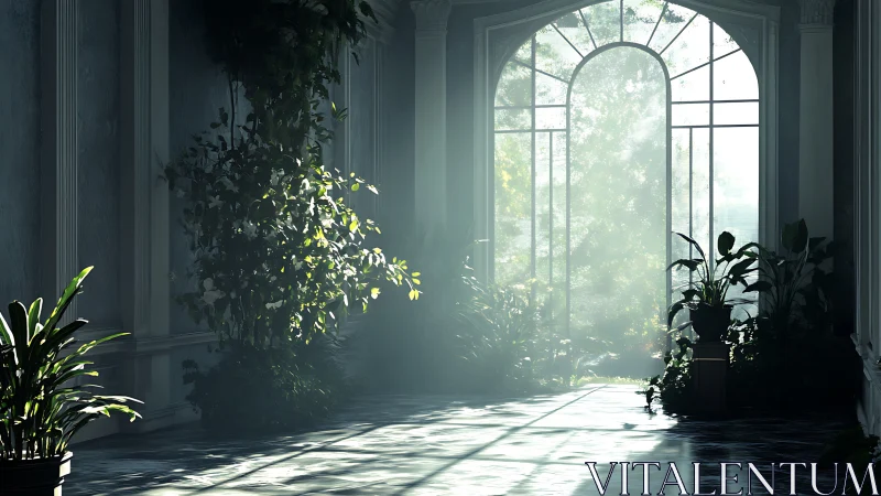 Indoor conservatory corridor with plants and tall windows.