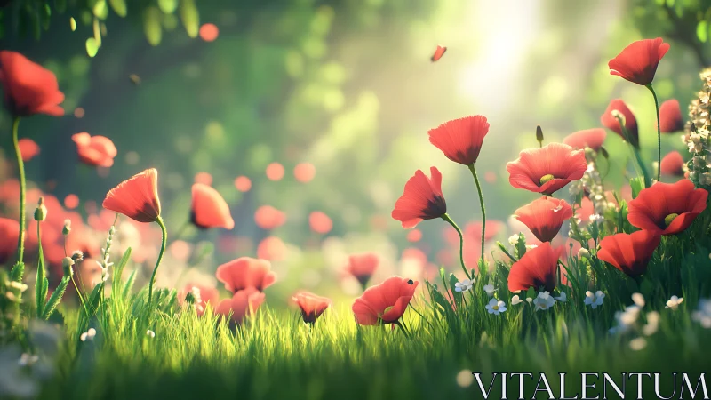 Red poppies bloom in sunlit meadow.