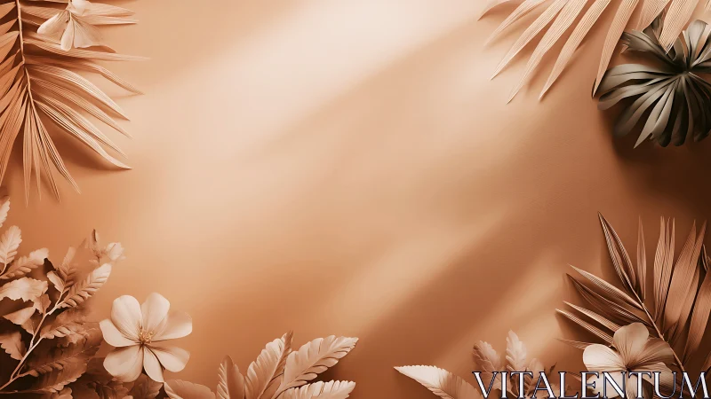 Monochrome tropical leaves framing soft beige background.