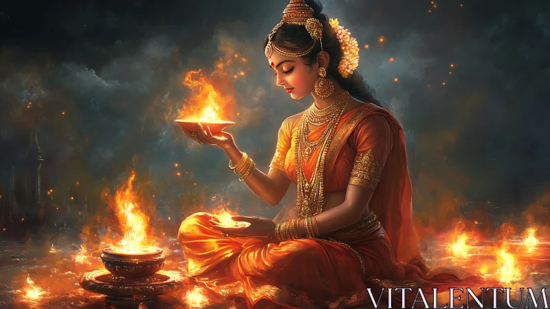 Divine woman in orange sari holding sacred ritual flame.