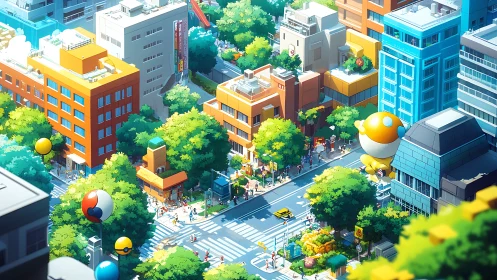 Isometric summer streetscape with parade-scale mascot balloons.
