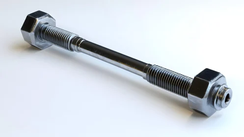 Shiny steel threaded rod with hex nuts, photorealistic rendering.