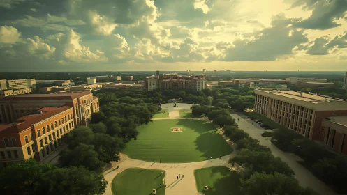 Sunlit university quad and red-brick campus panorama.