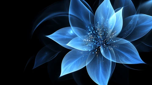 Digital blue flower structure is rendered on a black field