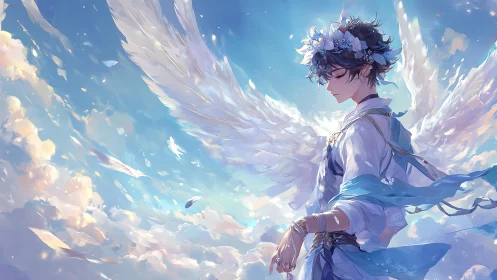 Sky-bloomed seraph drifts quietly through painted daylight