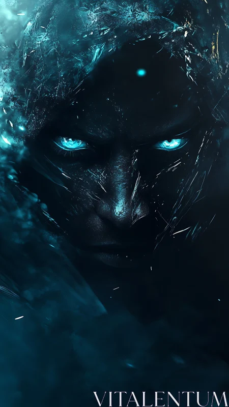 Dark icy face with glowing blue eyes in dense shadows.