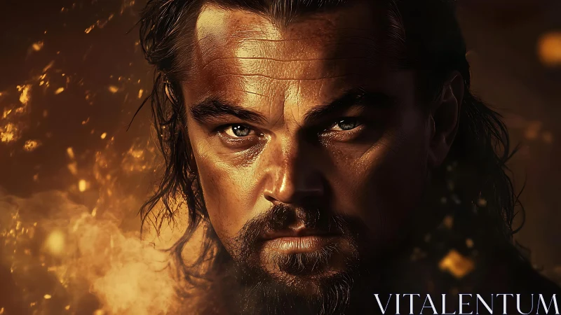 Intense warrior portrait burns within molten golden light.