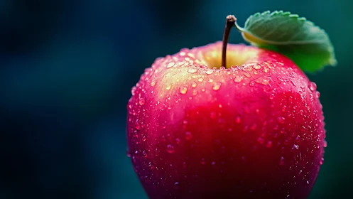 Macro study isolates dewy red apple against cool bokeh