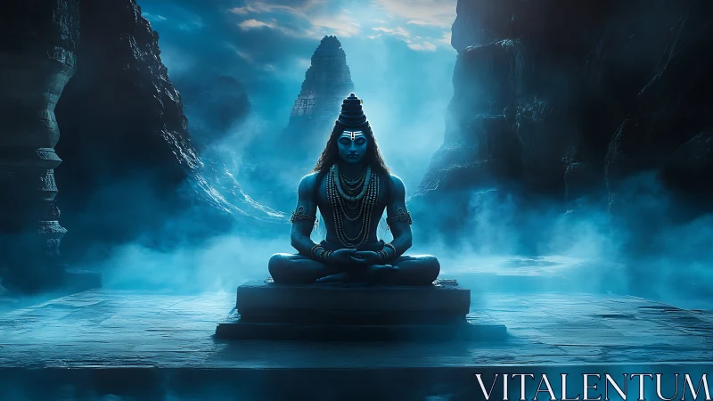 Mystical blue deity in meditative stillness amid misty gorge.