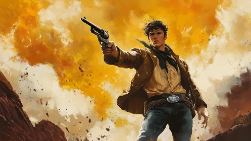Fearless young cowboy stands tall in a blazing desert sky.