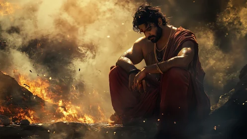 Warrior sage kneels amid roaring inferno and swirling ash.