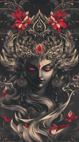 Symmetrical digital portrait depicts ornate crowned figure