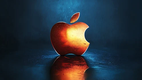 Glowing orange apple emblem shining in a cool blue glow.