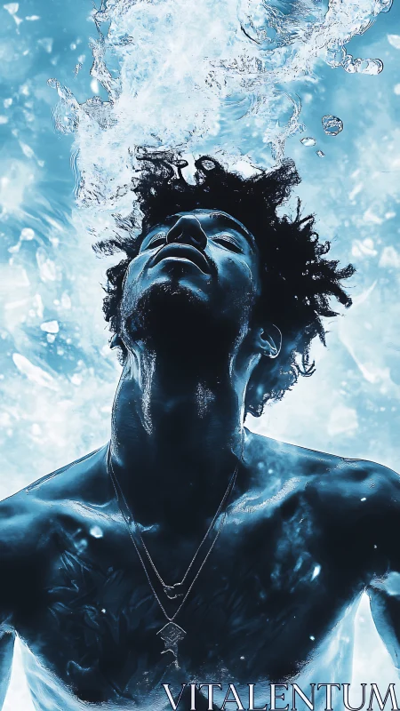 Figure rendered in high-contrast blue tones under water impact