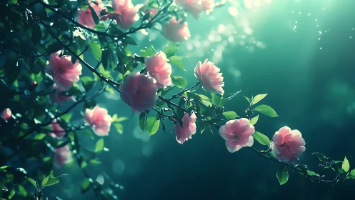 Pink Blooms Emerge Through Ethereal Bokeh and Verdant Foliage