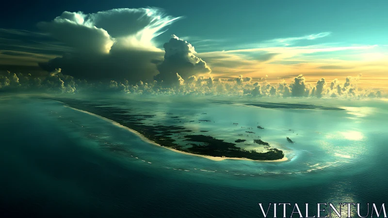 Tropical Atoll Aerial Perspective at Golden Hour with Dramatic Cloud Formation.