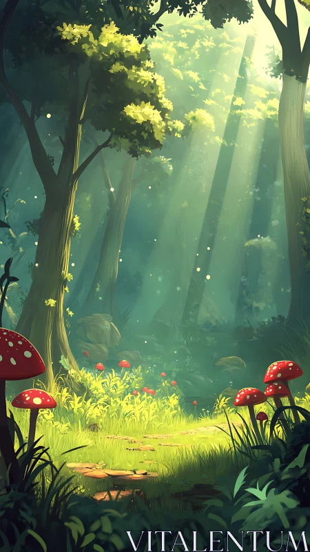 Illuminated Forest Clearing with Toadstool Vegetation.
