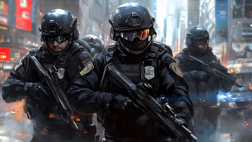 Elite tactical police unit advances through burning city streets