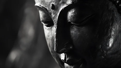 Buddha bronze profile in high-contrast meditative shadow.