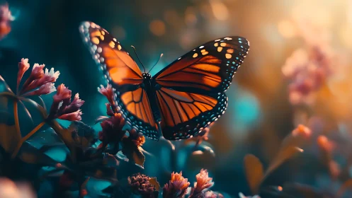 Monarch butterfly on flowers in warm evening light.