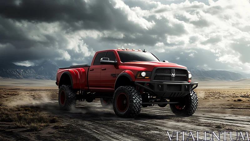 Crimson desert truck storms across a brooding open horizon