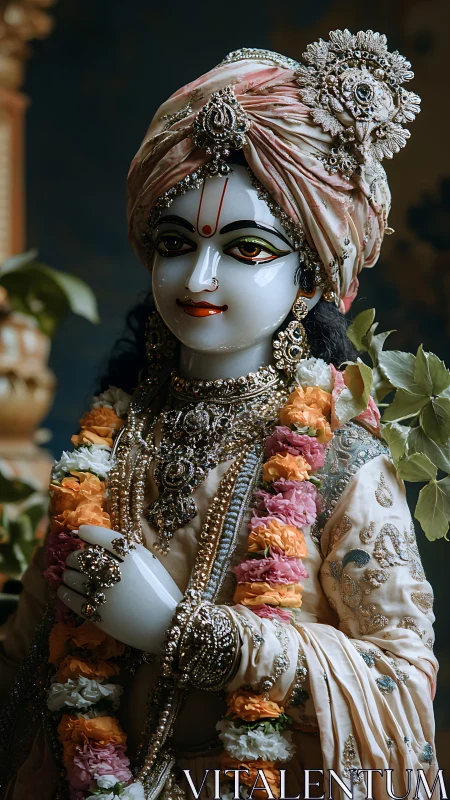 Ornate marble deity idol in jeweled turban and floral garlands.