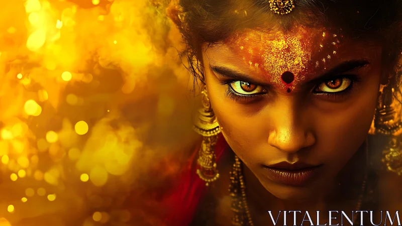 Intense goddess portrait in molten gold bokeh field.