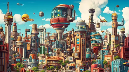 Retro-futurist vertical megacity with modular aeromobility systems.