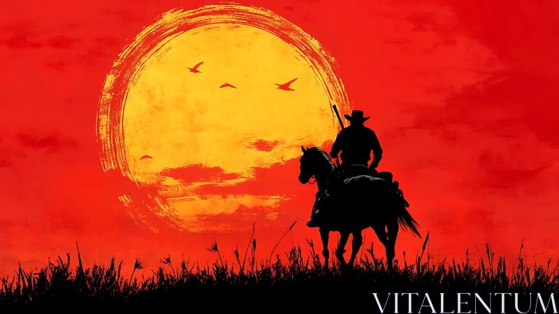 Silhouetted cowboy on horseback against oversized textured sun.
