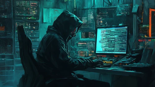 Hooded hacker at cluttered workstation in neon server room.