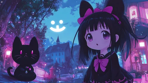 Cat-eared girl and glowing black cat explore neon twilight town