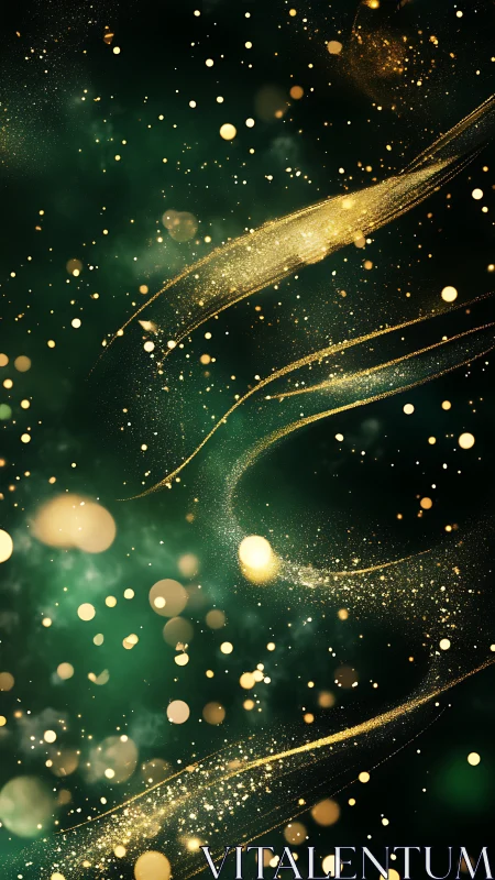Gold particle trails on dark green abstract background.
