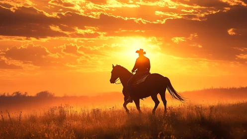 Cowboy rider crosses glowing prairie at blazing sunset.