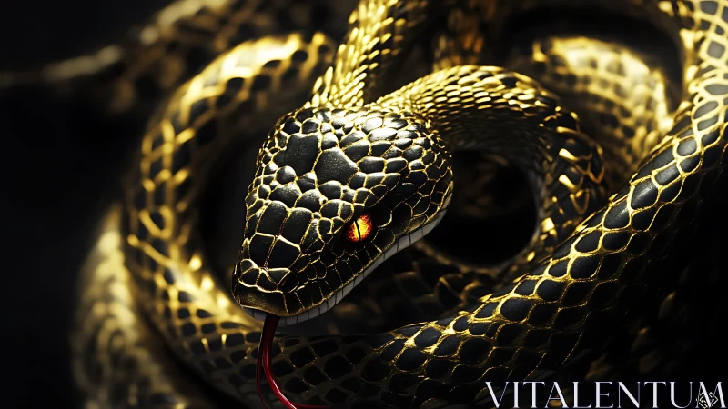Coiled golden snake with glowing eye under dramatic light.