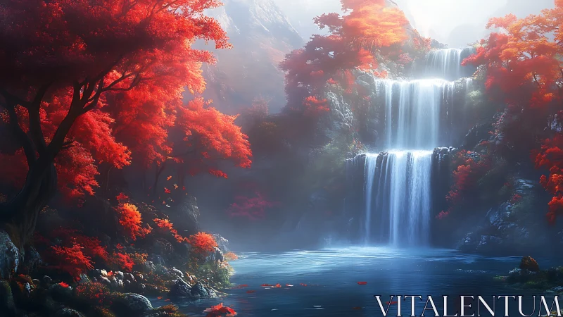 Crystalline tiered waterfall framed by luminous red foliage.