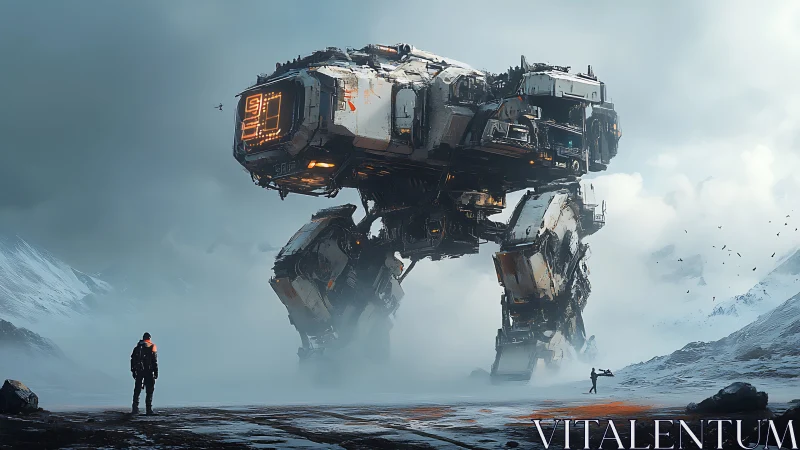 Colossal combat mech strides through frozen valley mist