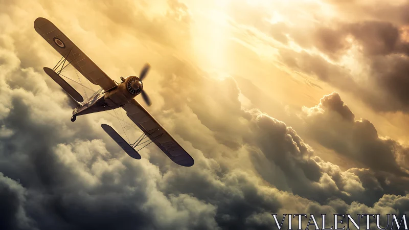 Vintage biplane dives through sunlit storm clouds.