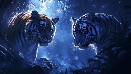 Two Majestic Tigers in Moonlit Wilderness.