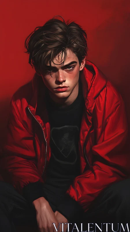 Brooding teen in red jacket sits against a blazing backdrop