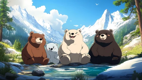 Cartoon bear family rests by alpine stream under peaks.