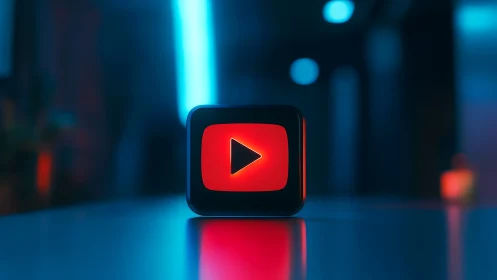 Illuminated play icon cube stands on reflective surface