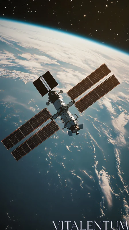 Solar-winged sentinel drifting above a blue-veined Earth.