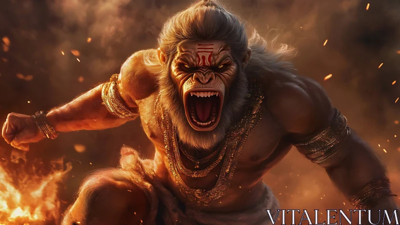 Storm-forged monkey god roaring through ember-lit fury.