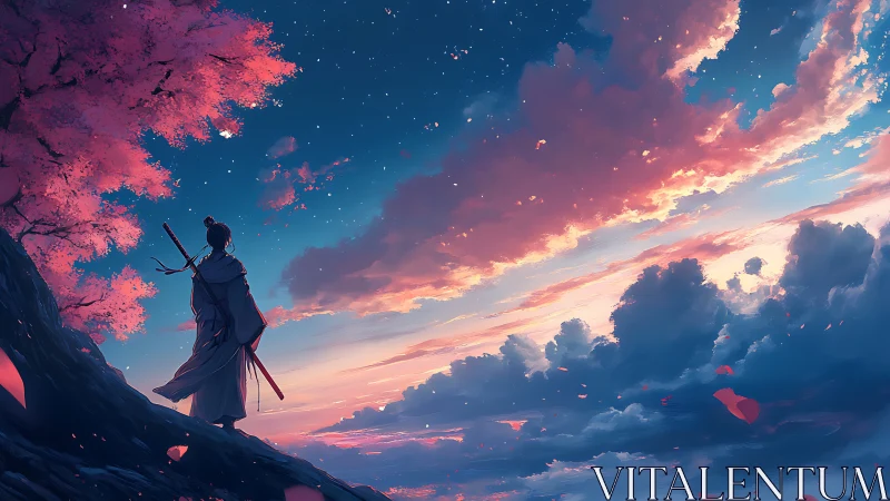 Samurai beneath cherry blossoms at a dreamlike sunset sky.