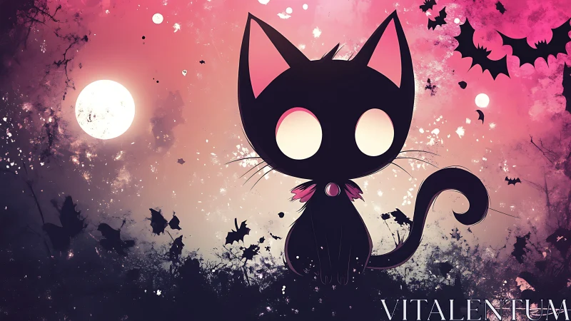 Moonlit cartoon black cat sits amid swirling pink bats
