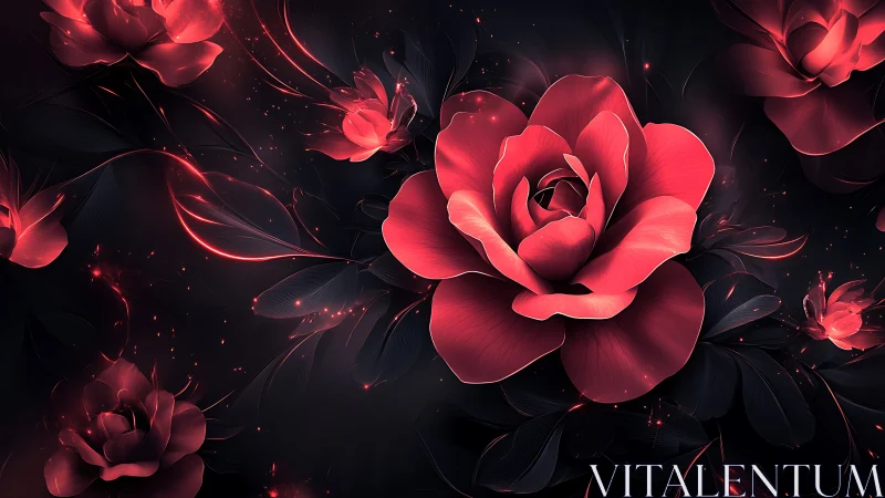 Glowing Red Roses in the Dark: Digital Art Beauty.
