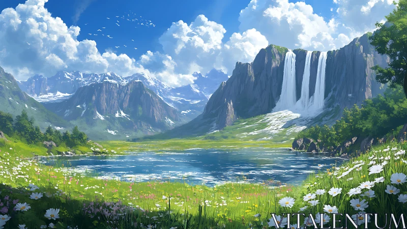 Panoramic alpine lake scene renders cascading crystalline waterfalls