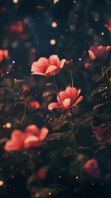 Luminous Bloom: Nocturnal Flora with Bokeh Particles.